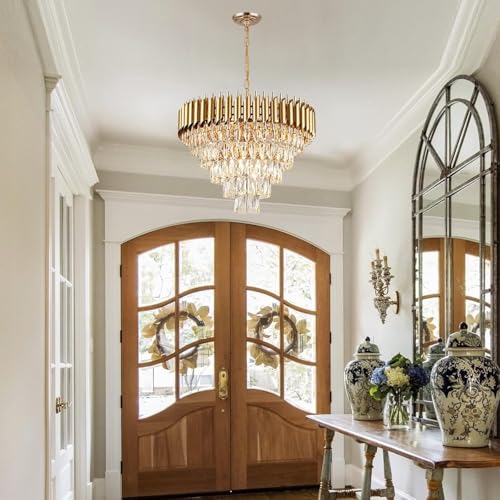 Image of Desidiya Modern Crystal Pendant Light Golden Round Ceiling Light Fixture for Living Room and (Antique, 5Tier 600mm) and 3 Colors Led Plate Included Warm White, Natural Light, Golden Light (500MM)