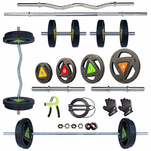 Leeway Metal Integrated Rubber Coated Weight Plate 30 Kg Home Gym Set with 3Ft Curl (28mm), 5Ft Straight (28mm), Dumbbell Rods, Weight Plates Combo, Gym Equipment (30kg Set (2.5X4+5X4) Home Gym Combo) Leeway Metal Integrated Rubber Coated Weight Plate 30 Kg Home Gym Set with 3Ft Curl (28mm), 5Ft Straight (28mm), Dumbbell Rods, Weight Plates Combo, Gym Equipment (30kg Set (2.5X4+5X4) Home Gym Combo)
