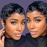 VRZ Pixie Cut Wig Human Hair Glueless Short Pixie Wigs for Black Women Human Hair Glueless Wigs Full Machine Made Wig Wear and Go Black Color 1B