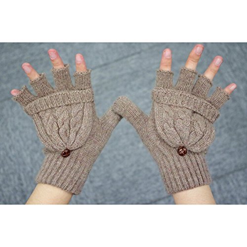 UEETEK Women Winter Warm Wool Knitted Convertible Fingerless Gloves With Mitten Cover (Brown)