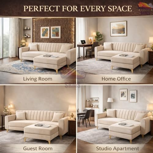 Image of SRMS Golden Legs 4 Seater L Shape Velvet Fabric Sofa Set with Four Cushions | Perfect for Home Office Guests Living Room | Sofa Set for living Room | 74 x 32 x 30 inches | Peach color