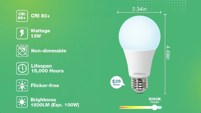 Image of DEGNJU LED Light Bulbs, 100 Watt Equivalent LED Bulbs A19, 5000K Daylight, E26 Standard Base, 1500 Lumens, Non-Dimmable, 13W Bright White E26 Bulbs for Bedroom Home Office, 12 Pack