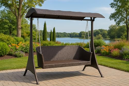 Image of Swing with Roof & Stand for Outdoor, Balcony, Garden | Weather Resistant Rattan & Wicker Hammock Swing Double Seater | Jhula for Adults