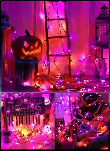 Image of Outdoor Halloween Lights, 39Feet 100 LED Mini Lights with 8 Lighting Modes, Connectable Halloween String Light Plug in for Garden Patio Party Haunted House Ghost Holiday Decoration, Orange & Purple