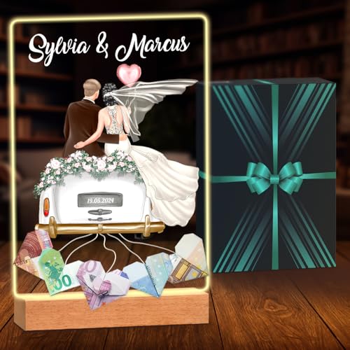Maverton Personalisiertes Geldgeschenk Hochzeit - Acrylglas mit LED Beleuchtung - Hochzeitsgeschenke für Brautpaar Personalisierte Geschenke für Paar Geschenk Hochzeit Größe L: 15x24 oder XL: 21x32cm