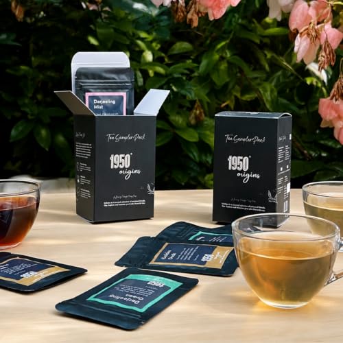 Image of 1950 Origins Whole Leaf Tea Sampler Pack | Premium Black & Green | Assorted Tea Pack | Pure Assam & Darjeeling Leaves | 100% Natural Loose Leaf | Aromatic, Flavourful and Fresh | 10g x 6 packs
