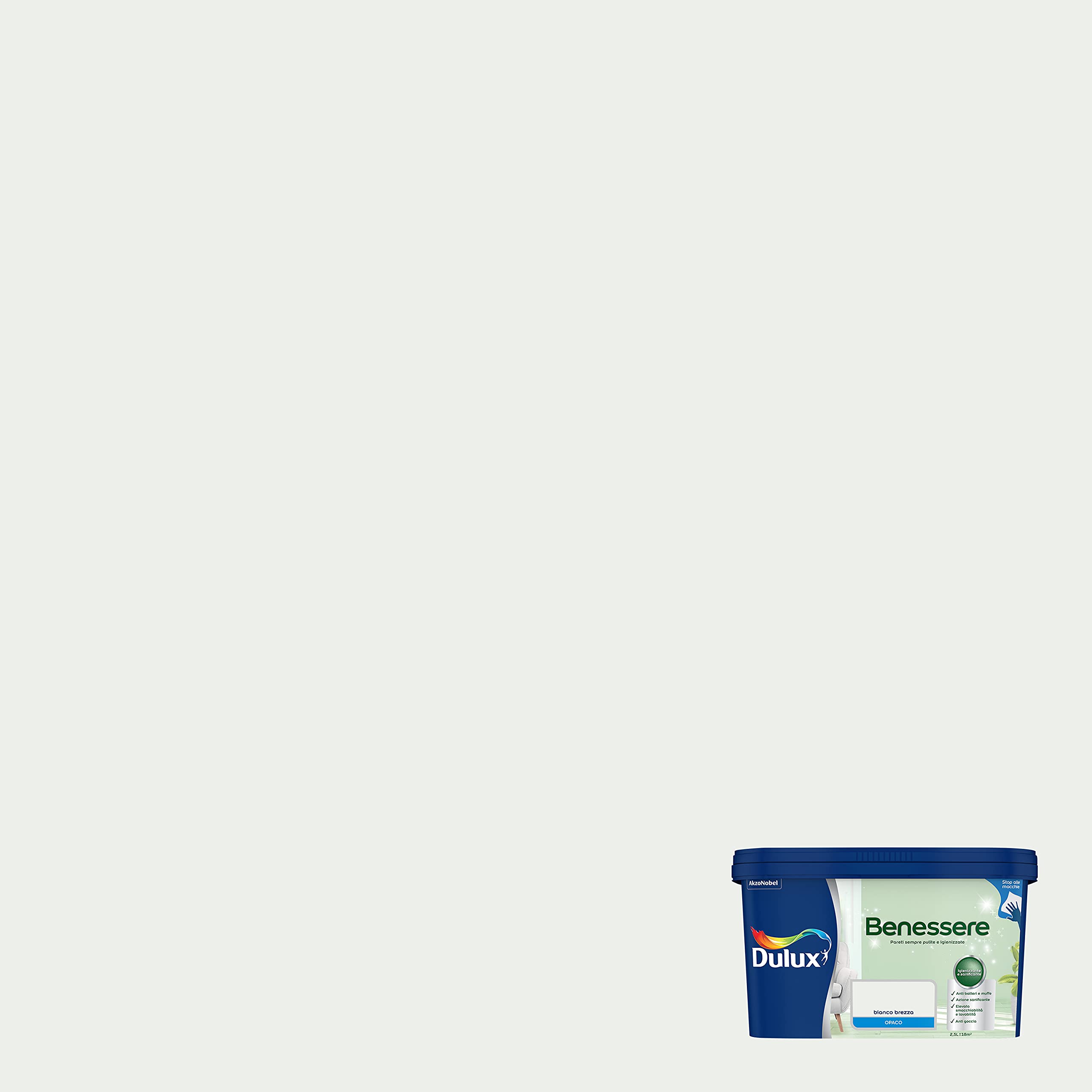 Dulux Benessere Pittura Colorata all'Acqua per Interni Superlavabile Anti Muffa Anti Batteri con Ioni D'Argento, 2.5 Litri, Bianco Brezza, 2.5L