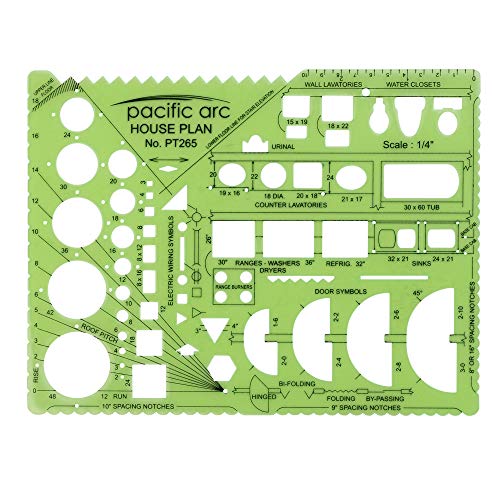 Image of Pacific Arc House Plans Templates Guide, with Stairs, Doors, Plumbing, Kitchen Appliances, and Roof Pitch Gauge, Scale of 1 /4 Inch to 1 Foot