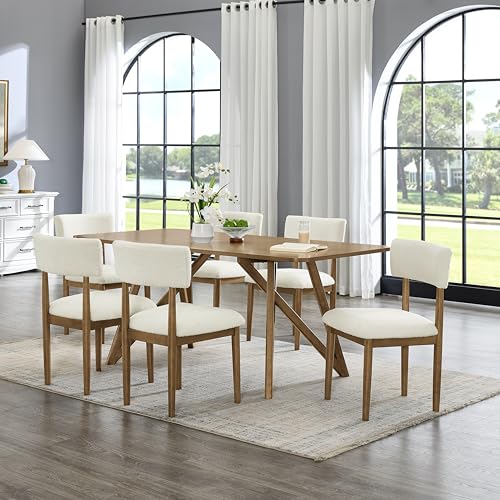 Roundhill Furniture Axler 7-Piece Dining Set, Tripod-Cross Dining Table with 6 Stylish Chairs, Light Oak