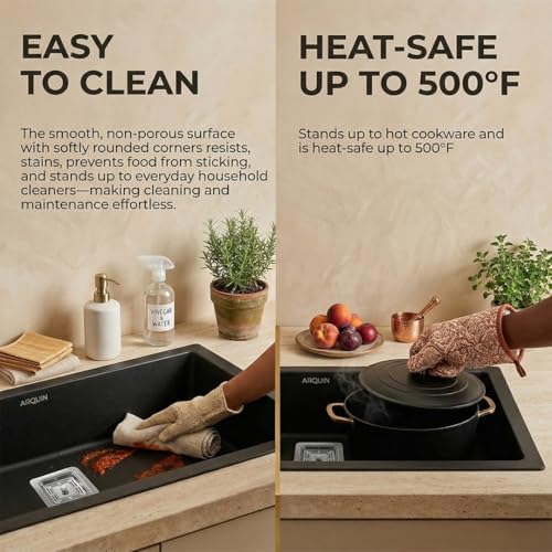 Image of ARQUIN Quartz Sink 24x18x9 Inch Black | Single Bowl Sink | Durable & Scratch-Resistant | Undermount /Topmount Including Coupling, Waste Pipe & Fruit Washing Basket