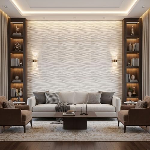 Image of Kayra Decor 3D PVC Wall Panels for Bedroom & Living Room | Wave Design | White Color | 19.7 x 19.7 Inch | Pack of 18 | 48.42 Sq Ft