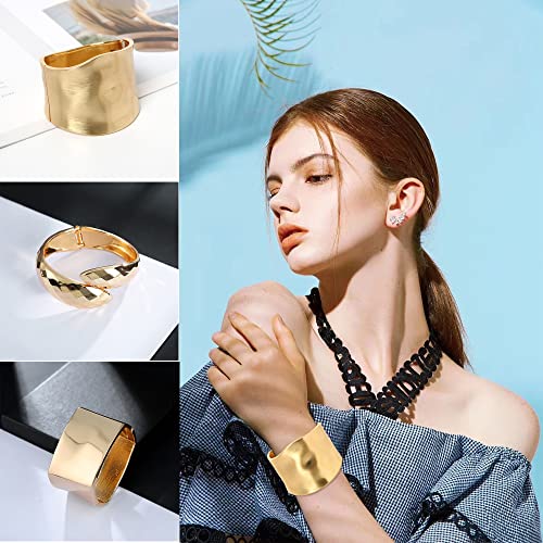 MOZAKA 1-3Pcs Gold Plated Bangle Bracelets for Women Open Hinged Bangle Bracelets Chunky Polished-Finish Wrist Cuff Wrap Bracelets Minimalist Twist-Grooved Wide Cuff Bracelet2