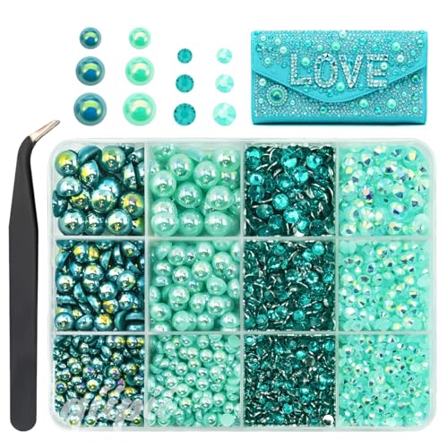 qiipii Aqua Green 3mm-8mm Flatback Pearls and Rhinestones for Bedazzling Crafting Bedazzled Gems Half Pearls Resin Stones Diamonds Crystals for Nails Face Eyes Makeup Tumblers Bottles DIY Crafts Shoes