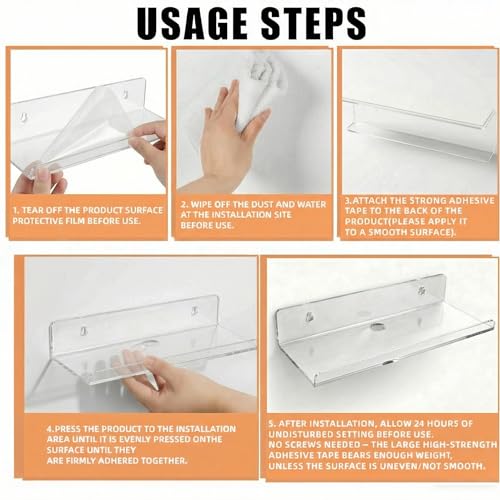 Image of Clear Acrylic Floating Shelves, No Drill Wall Shelves, 2 Pack | Clear Acrylic Design; 2 Pack Wall Shelves; Adhesive or Screw Mount; No Drill Option; 12 lb Max Load