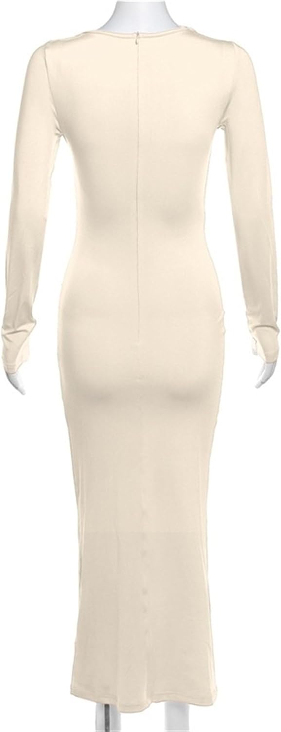 Women Basic Round Neck Long Sleeve Dress Fall Solid Bodycon Midi Pencil Dress Casual Plain Pleated A-Line Dress