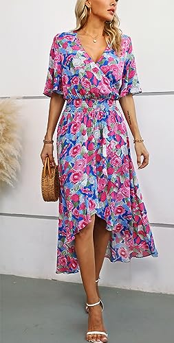 Image of Kormei Womens Short Sleeve Floral Maxi Dress High Low V-Neck Flowy Party Long Dresses