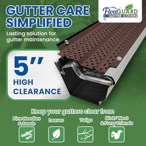 Image of FlowGuard USA Made Professional DIY 5 Inch High Clearance 50-Year Gutter Cover System - Brown - Aluminum Gutter Guards - 102 Feet - by FlexxPoint