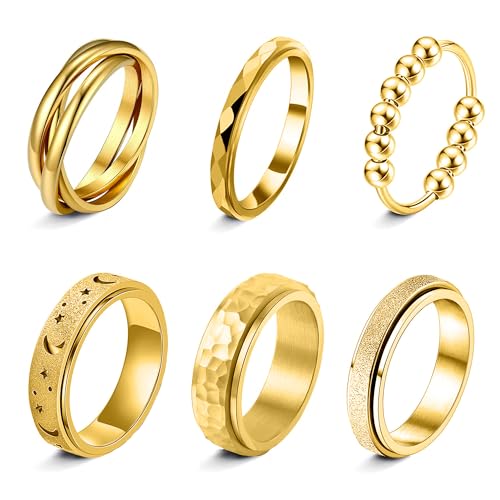 Fidget Rings for Anxiety 6pcs Stainless Steel Spinner Ring Anti Anxiety Ring Spinning Moon Star Cool Stress Relieveing CZ Rings for Women Men Band Rings Set