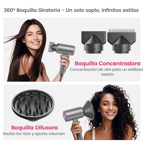 Miniatura 4 de Faszin Secador de Pelo Iónico Motor AC Duradero Secadores pelo iones profesional, Difusor y Concentrador, 3 Temperaturas, 2 Velocidades, negativos Hair Dryer (Grey)