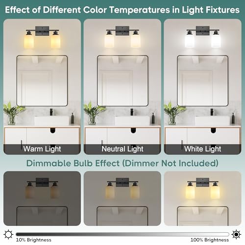 Image of Ascher Bathroom Light Fixtures, 2-Light Vanity Light Over Mirror, Matte Black Wall Sconces with Milky White Frosted Glass Shades, Wall Lamp for Living Room Bedroom, E26 Base(Bulbs Not Included)