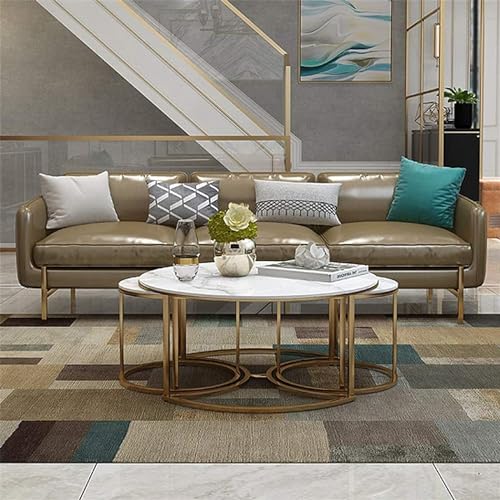 Image of Wood 3 Piece Living Room Table Set, 1 Center Table And 2 End Nesting Tables Round Stacking Coffee Side Table For Small Space, Nightstand Bedside Table White And Golden