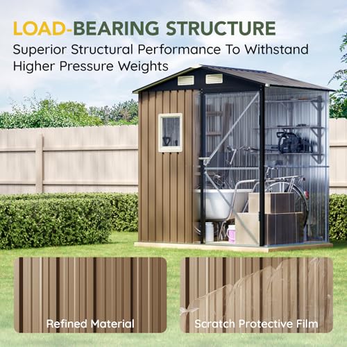 Image of Breezz 6x4FT Outdoor Steel Storage Shed, Lockable Doors, Compact Metal Tool Shed for Garden, Backyard, Patio, Utility, and Bike Storage,Brown