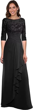 REIOKJ Lace Chiffon Mother of The Bride Dresses - 3/4 Sleeves Long Formal Evening Dress for Wedding