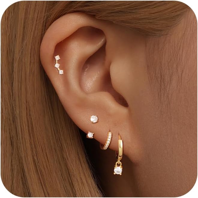 NECOCY 4 Pairs 14k Gold Hoop Plated Earrings Set for Women - Huggie Dangle Stack - Trendy Multiple Piercing Stud CZ Ear Cuff - Non Tarnish Jewelry