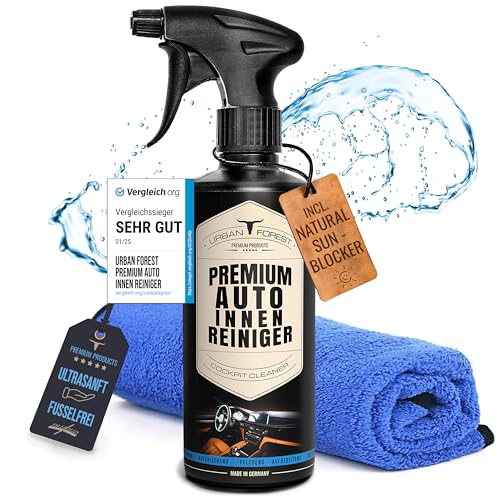 URBAN FOREST Premium Auto Innenraum & Cockpit Reiniger Set 500ml + Hochwertiges Mikrofasertuch für Innenraumpflege | Auto Innenraumreiniger für Kunststoff, Polster, Leder, Innenraum