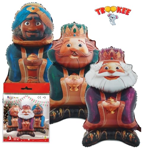 TROOKEE - Decoracion Navidad - Globos Reyes Magos Metalizados de 110 cm - Pack 3 Globos: Melchor, Gaspar y Baltasar - Adornos Navidad Decoración - Regalos Navideños - Christmas Gifts, Balloons Xmas