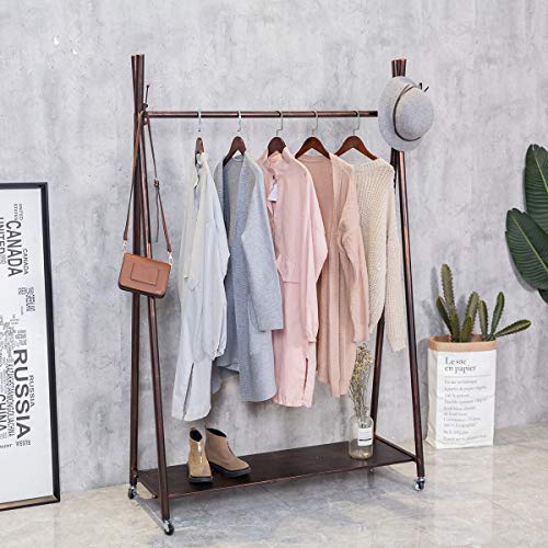FURVOKIA Modern Simple Heavy Duty Metal Rolling Garment Rack with WheelRetail Display Clothing RackIron Floor-Standing Shoes Bags Clothes Organizer Storage Shelves Red Copper 472 L