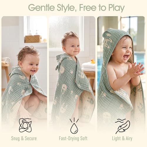Image of Ultra-Soft Muslin Hooded Towel - 55 x 28 Inches, Made with Organic Cotton, Soft Sage Green Bunny Jacquard with Chest Snap, Ideal for Bath & Beach, for Kids Aged 0-3