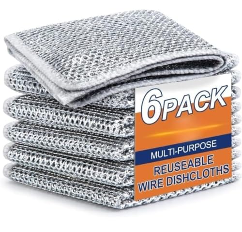 Image of Multipurpose Wire Dishwashing Double Layer Rags for Wet and Dry Stainless Steel Scrubber Non-Scratch Wire Dishcloth for Washing Dishes Sinks Counters Easy Rinsing Machine Washable (Pack of 6)