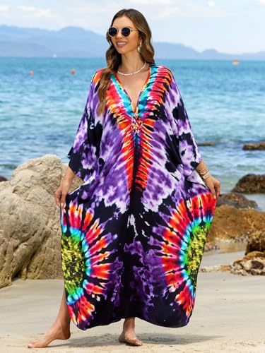 Image of IMAGEKOPE Women's Plus Size Animal Print V-Neck Batwing Kaftan Beach Dress Bathing Suit Cover-Up Loungewear