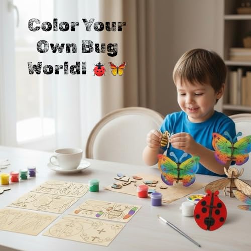 Image of BAGJI TOYS 3D Wooden Insect Craft Painting Kit for Kids, 4 Piece Set with Brushes & Paint, DIY Bug Models, Gift for Boys Girls Age 5 and Up