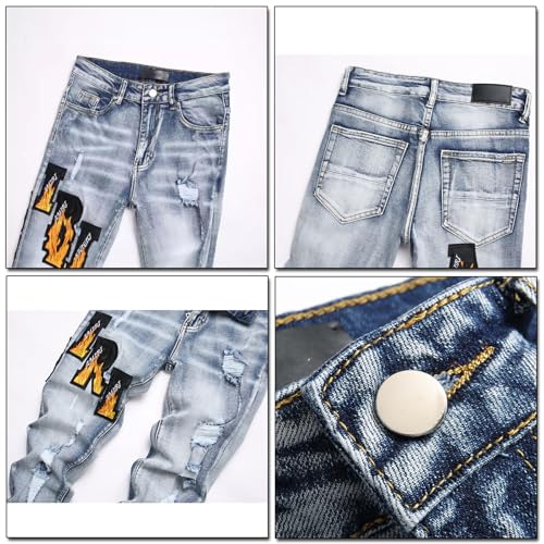 Light Blue Skinny Jeans, Elastic Four-Season Denim Pants, Embroidered Streetwear Jeans with Ripped Embroidery,294