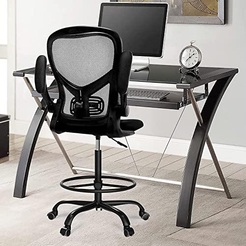 Image of dreamlify Drafting Chair,Tall Standing Desk Chair Comfortable Office Chair with Foot Ring Flip-up Padded Arms Height Adjustable Computer Task Chair Ergonomic Mesh Mid-Back Desk Chair,Black