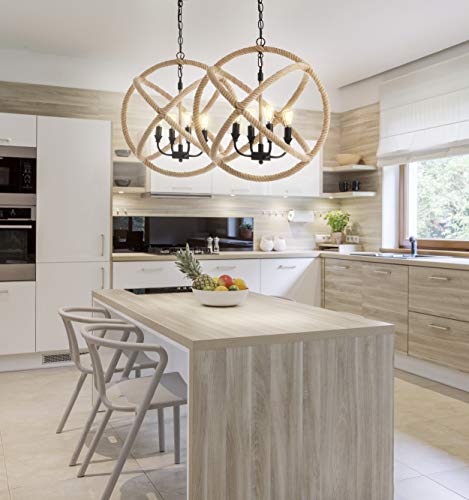 JONATHAN Y 20" Black/Brown 4-Light Iron and Rope Globe Pendant Light, Adjustable Height Coastal Farmhouse Chandelier for Kitchen Island Dining Room, LED Bulbs Included JYL9041A by JONATHAN Y - Image 2