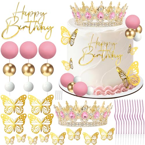 AMZVALU Crown Cake Topper Balls Happy Birthday Cake Topper Pink Crown Birthday Candles Gold Butterflies Corona Para Pastel Cake Decorations for Birthday Wedding (Gold Pink)
