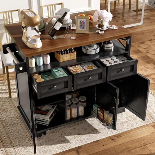 luckdect Ilot Central Cuisine Mobile,Chariot de Cuisine avec Rangement, étagères Amovibles, Porte-Serviettes et roulettes,pour Cuisine et Salle à Manger,Noir,...