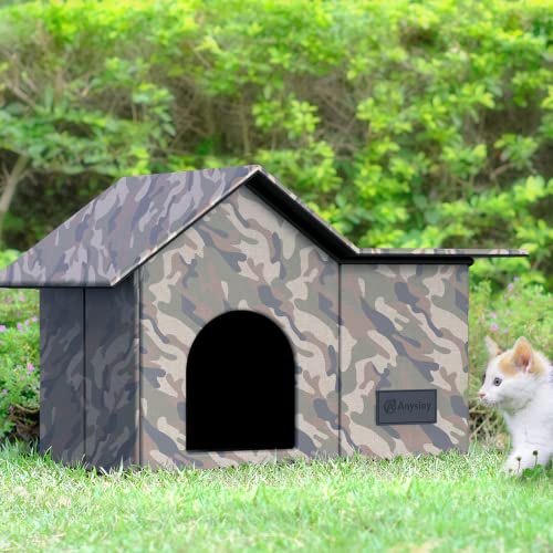 Cat Houses for Outdoor Cats-Large Weatherproof Cat Bed for Indoor Cats,Collapsible Warm Feral Cat Shelter with Removable Soft Mat and Bowl for Winter (Camo, Large)