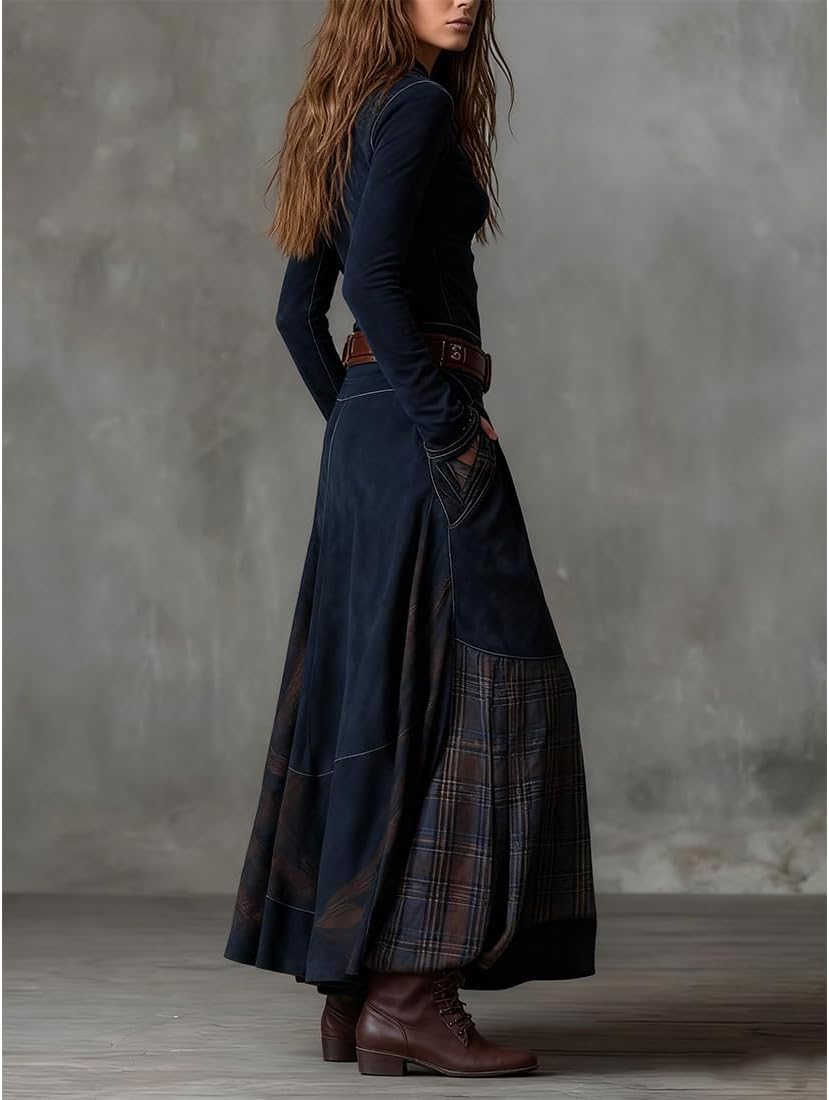 Womens Vintage Western Dress Long Sleeve Stand Collar Button Front Maxi Dress Casual Patchwork Western Cowgirl Flowy Dresses - Image 3