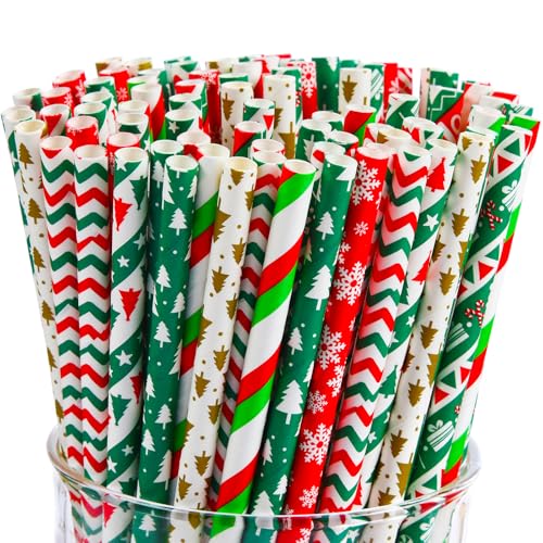 ALINK 200 Christmas Paper Straws 8 Styles Red Green White Gold Biodegradable Party Drinking Straws with Stripe Wave Christmas Tree Snowflake Design Decorations Supplies