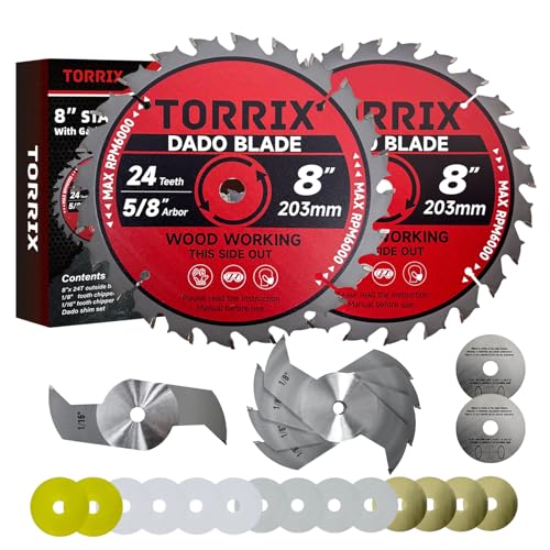 Torrix 8 Dado Blade Set Dado Blades for 10 Inch Table Saw 24-Tooth 5/8 Arbor Dado Stack for Fine Finished Dados Grooves and Rabbets 23 Pieces
