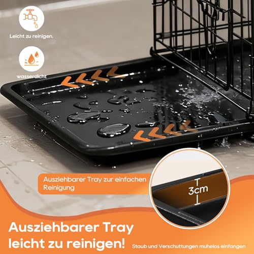 BestOffice Hundekäfig, klappbar, mit 2 Türen, ausziehbar Kunststofftablett und Griff, Hundetransportbox für Reisen, 122x74x79cm, XXL, Transportbox- Haustiere, Innen und Außenbereich, Schwarz