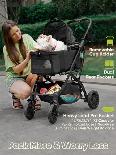 Image of Small Dog Stroller, Pet Stroller for Small Dogs, 5-in-1 Dog Strollers - Fold All in One Without Detaching Carrier, Pet Strollers with Removable Waterproof Carrier for Dogs Cats 10 lbs 20 lbs, Black