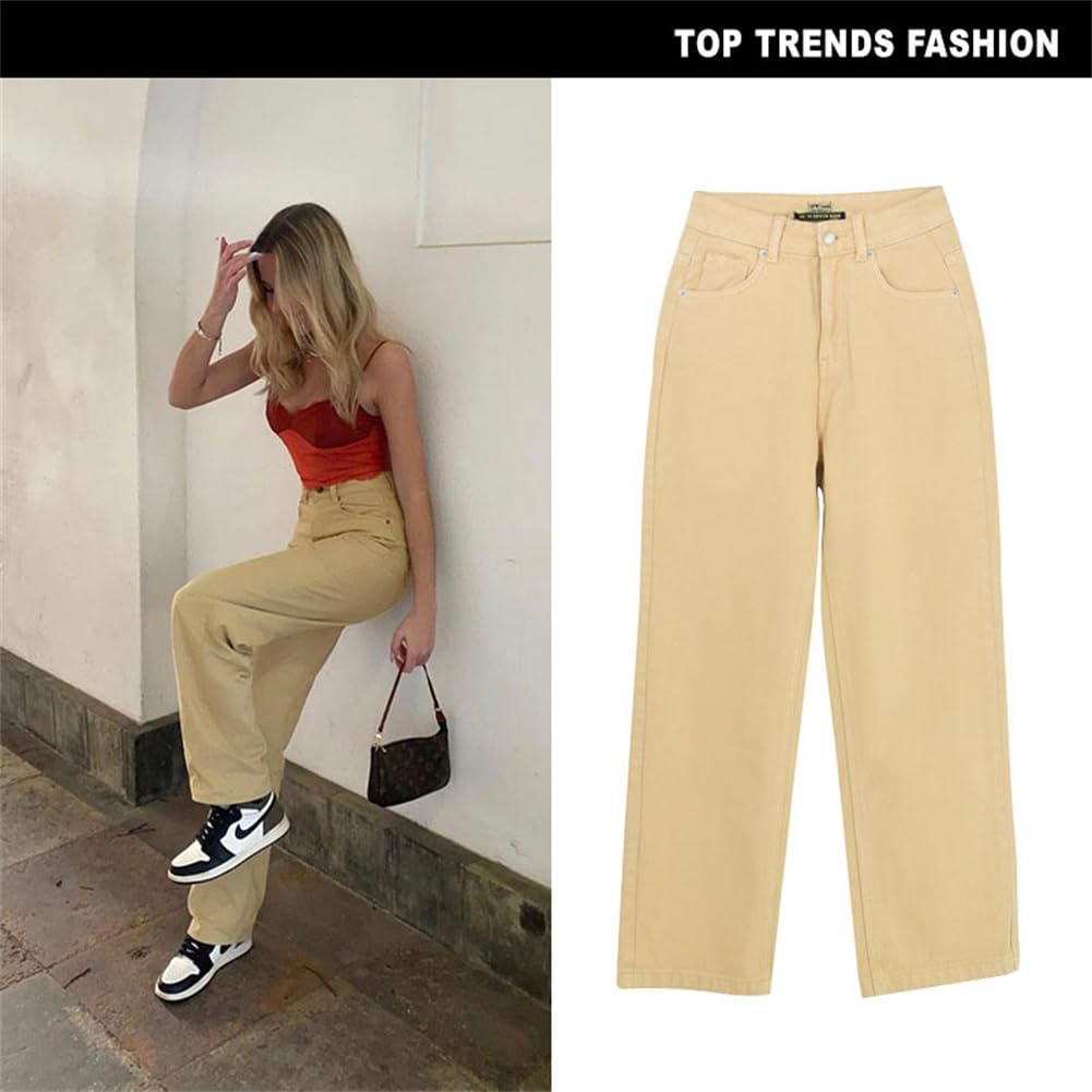 Pantalones Vaqueros Holgados De Pierna Recta para Mujer, Color Caqui, con Pantalones Picantes Callejeros Colgantes De Color Helado
