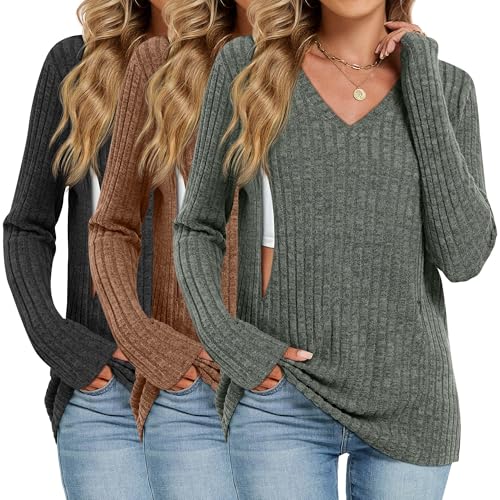 Image of Oakgarden 3 Pack Women's Maternity Nursing Tops, V Neck Breastfeeding Sweaters Long Sleeve Hidden Zipper Shirts
