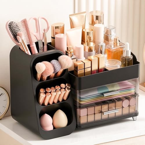 Large Capacity Makeup Organizer Countertop with Makeup Brush Holder for Vanity Thickened Material Bathroom Countertop Organizer Skin Care Perfumes Storage Teen Girl Gifts for 12-23 Yearblack