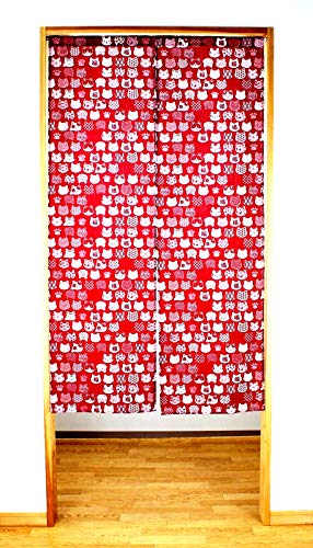 Narumikk noren Japanese Style Doorway Curtain 85x150cm Cloth cat Pattern (Red)